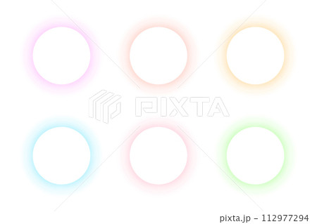 Set of blurry round frames. Circle shapes with pastel pink, orange, red, blue, green neon gradient borders isolated on white background. Abstract design elements with empty space. Vector illustration 112977294