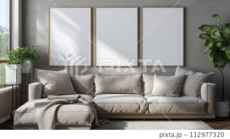 AI-generated content. Modern Living Room With Neutral Color Scheme at Daytime 112977320