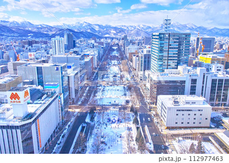 冬の北海道札幌市、さっぽろテレビ塔から見た雪まつり会場で賑わう大通公園の風景 112977463