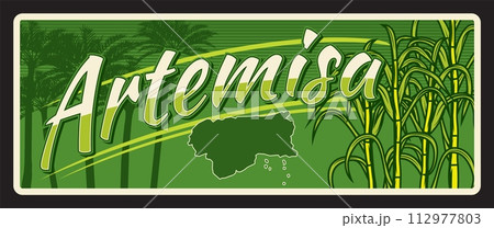 Artemisa province of Cuba, Cuban territory souvenir plaque. Vector travel plate, vintage tin sign, retro welcoming postcard design. Old card with map, palm trees and tobacco plants Artemisa province of Cuba, Cuban territory souvenir plaque. Vector travel plate, vintage tin sign, retro welcoming postcard design. Old card with map, palm trees and tobacco plants 112977803