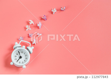 Small retro alarm clock and lilac flowers on pink background. 112977843