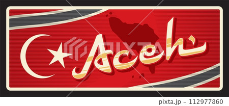 Aceh province in Indonesia, Indonesian territory province. Vector travel plate, vintage tin sign, retro welcome postcard or signboard. Old plaque or sticker with map and crescent moon Aceh province in Indonesia, Indonesian territory province. Vector travel plate, vintage tin sign, retro welcome postcard or signboard. Old plaque or sticker with map and crescent moon 112977860