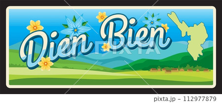 Dien Bien province in Vietnam, Vietnamese territory landscape. Vector travel plate, vintage tin sign, retro welcome postcard or signboard. Souvenir card or magnet with flowers and map Dien Bien province in Vietnam, Vietnamese territory landscape. Vector travel plate, vintage tin sign, retro welcome postcard or signboard. Souvenir card or magnet with flowers and map 112977879