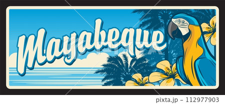Mayabeque province in Cuba, Cuban region with exotic nature. Vector travel plate, vintage tin sign, retro welcoming postcard design. Souvenir plaque with parrot and seaside with palms Mayabeque province in Cuba, Cuban region with exotic nature. Vector travel plate, vintage tin sign, retro welcoming postcard design. Souvenir plaque with parrot and seaside with palms 112977903
