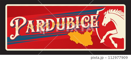 Pardubice czech republic region retro travel plate, tourist sticker. Vector vintage board or plaque, banner with heraldic shield, wheel and horse retro postcard, territory map and flag 112977909