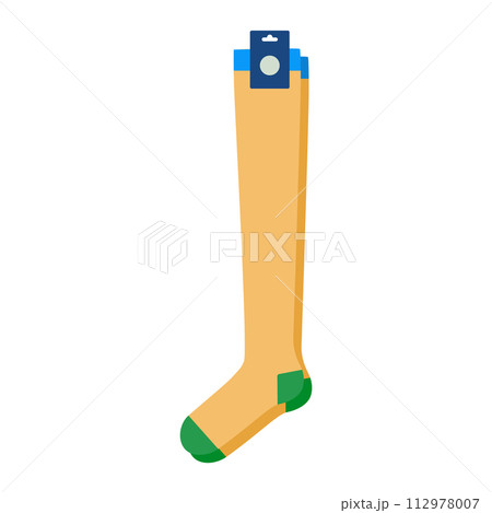 Yellow socks with logo tag hosiery knee high length. Fashion accessory clothing technical illustration stocking. Vector 112978007