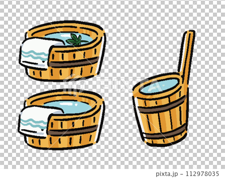 温泉　湯桶と手桶の手描き風イラストセット 112978035