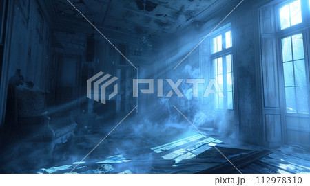 The eerie silence of an abandoned room with scattered rays of light, creating a haunting, spectral scene reminiscent of gothic horror stories, Halloween story  The eerie silence of an abandoned room with scattered rays of light, creating a haunting, spectral scene reminiscent of gothic horror stories, Halloween story  112978310