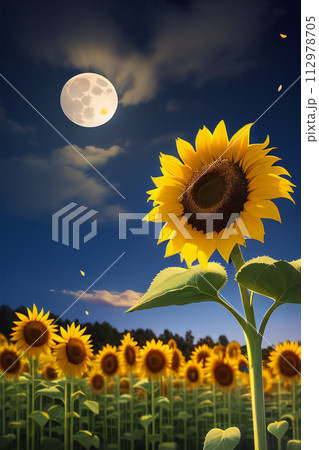 向日葵シリーズ（Ⅲ）満月の夜 月明かりに照らされて【AI生成画像】 112978705