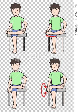 椅子に座って足首をストレッチしたり回したりする男性 112979060