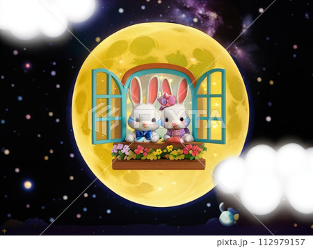 AI生成画像、絵本の様な満月の夜にお月様から覗く可愛い2匹のウサギさん 112979157
