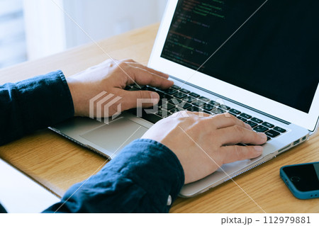 自宅でパソコンを操作する男性の手元 112979881
