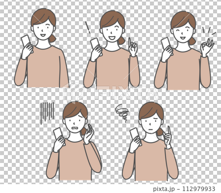 スマートフォンを操作する色々な表情の女性のセット スマートフォンを操作する色々な表情の女性のセット 112979933