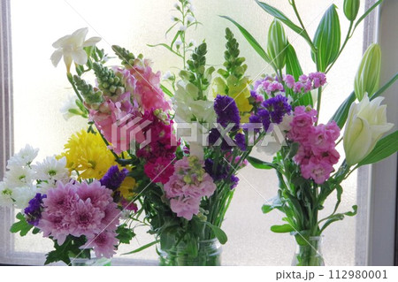 窓辺の花瓶に生けた花 112980001