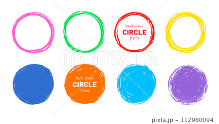 Scribble circle round vector frame. Hand drawn rough scribble effect line. Children color crayon brush stroke frame. Scribble hand drawn grunge doodle color circle set. Vector 112980094