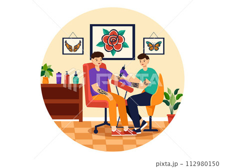 Tattoo Salon Vector Illustration of Tattooist from Designing, Drawing to Tattooing with Needle Machine and Ink Art in Flat Cartoon Background Design Tattoo Salon Vector Illustration of Tattooist from Designing, Drawing to Tattooing with Needle Machine and Ink Art in Flat Cartoon Background Design 112980150