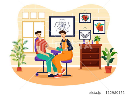 Tattoo Salon Vector Illustration of Tattooist from Designing, Drawing to Tattooing with Needle Machine and Ink Art in Flat Cartoon Background Design Tattoo Salon Vector Illustration of Tattooist from Designing, Drawing to Tattooing with Needle Machine and Ink Art in Flat Cartoon Background Design 112980151
