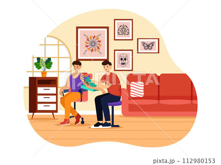 Tattoo Salon Vector Illustration of Tattooist from Designing, Drawing to Tattooing with Needle Machine and Ink Art in Flat Cartoon Background Design 112980153