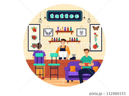 Tattoo Salon Vector Illustration of Tattooist from Designing, Drawing to Tattooing with Needle Machine and Ink Art in Flat Cartoon Background Design Tattoo Salon Vector Illustration of Tattooist from Designing, Drawing to Tattooing with Needle Machine and Ink Art in Flat Cartoon Background Design 112980155