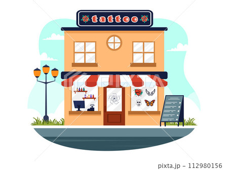Tattoo Salon Vector Illustration of Tattooist from Designing, Drawing to Tattooing with Needle Machine and Ink Art in Flat Cartoon Background Design Tattoo Salon Vector Illustration of Tattooist from Designing, Drawing to Tattooing with Needle Machine and Ink Art in Flat Cartoon Background Design 112980156