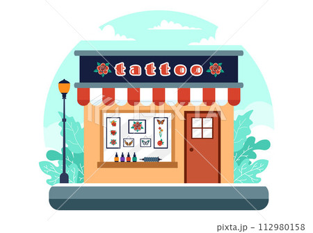Tattoo Salon Vector Illustration of Tattooist from Designing, Drawing to Tattooing with Needle Machine and Ink Art in Flat Cartoon Background Design Tattoo Salon Vector Illustration of Tattooist from Designing, Drawing to Tattooing with Needle Machine and Ink Art in Flat Cartoon Background Design 112980158