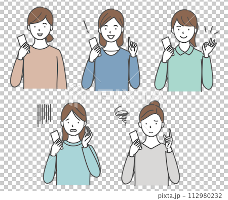 スマートフォンを持った色々な表情の女性のセット 112980232