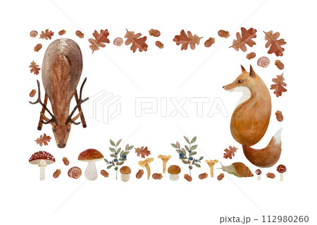 Autumn forest wild plants and animals watercolor rectangular frame isolated on white. Autumn forest wild plants and animals watercolor rectangular frame isolated on white. 112980260