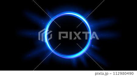 Blue glowing portal concept. Neon hologram teleport on black background. Circle digital gate with aura and beams and rays. Round flare podium template for game, ui, interface. Vector illustration Blue glowing portal concept. Neon hologram teleport on black background. Circle digital gate with aura and beams and rays. Round flare podium template for game, ui, interface. Vector illustration 112980490