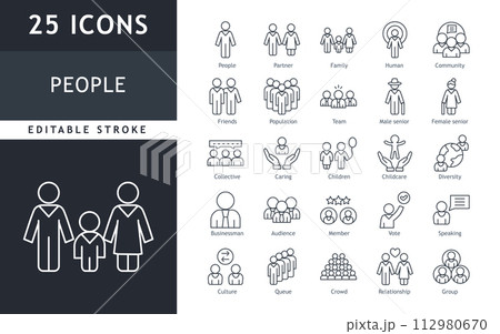 Set of line icons related to people, group, family, human, team, community, friends, population and senior icons. Set of line icons related to people, group, family, human, team, community, friends, population and senior icons. 112980670