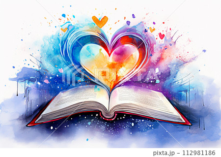 AI-generated content. Open book with heart shape and colorful watercolor splashes on white background 112981186