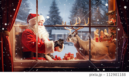 AI-generated content. Santa Claus is sitting on the window with reindeer and gifts. 112981188