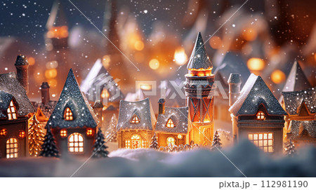 AI-generated content. Winter village with houses and lanterns. Christmas and New Year concept. Selective focus 112981190