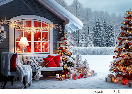 AI-generated content. Beautiful winter landscape with Christmas tree and fireplace. 112981195