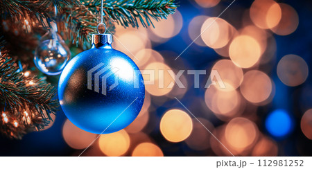 AI-generated content. Christmas and New Year holidays background. Christmas tree decoration on bokeh background AI-generated content. Christmas and New Year holidays background. Christmas tree decoration on bokeh background 112981252