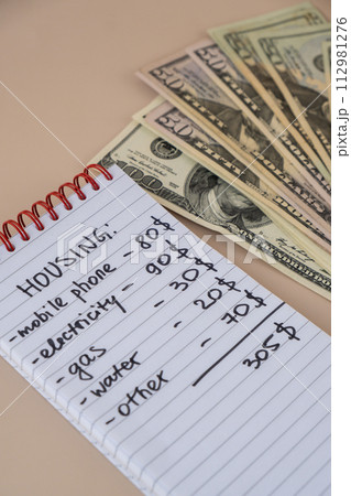 Counting expenses bills on housing electricity, gas, water. Banknotes of dollar cash around. High prices for energy inflation crisis. Cut back on spending Counting expenses bills on housing electricity, gas, water. Banknotes of dollar cash around. High prices for energy inflation crisis. Cut back on spending 112981276