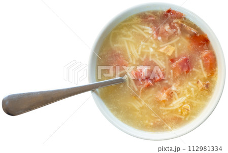Soup with noodles and minced meat. Hearty lunch 112981334