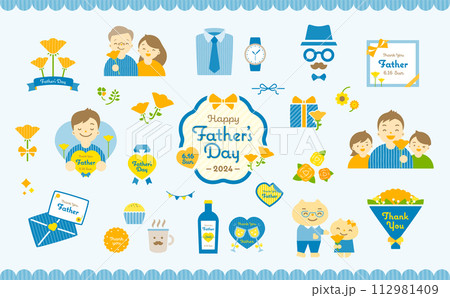 家族やバラのお花・プレゼントギフト素材をセットにした父の日のかわいいシンプルなイラスト 112981409