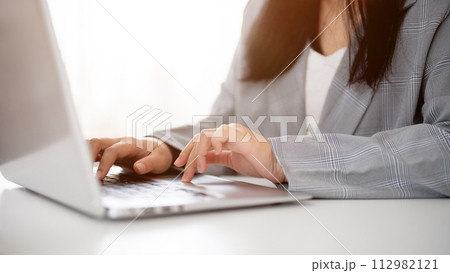 A cropped image of a businesswoman working or browsing on the laptop, working in a modern office. 112982121