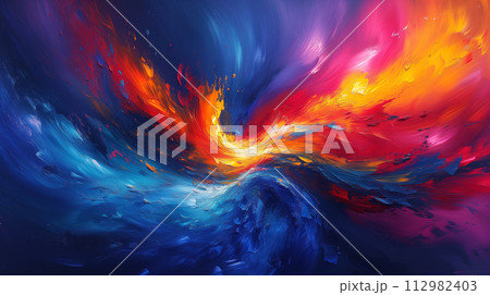 カラフルな絵の具が混ざり合う絵画　AI生成画像 112982403