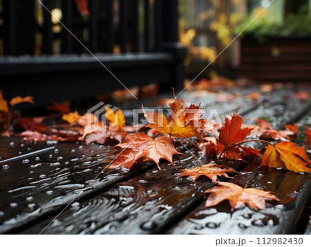 Autumn maple leaves on a wooden bench in the rain. Selective focus. 112982430