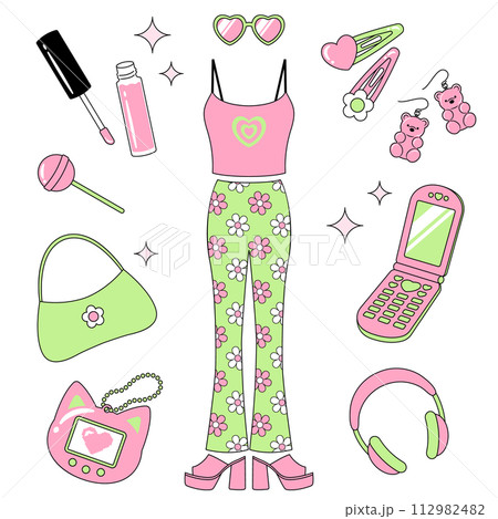Y2K 90年代風の服やアクセサリーのイラストセット 112982482