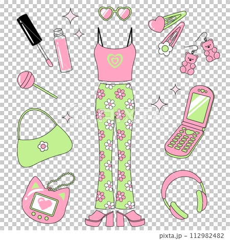 Y2K 90年代風の服やアクセサリーのイラストセット 112982482