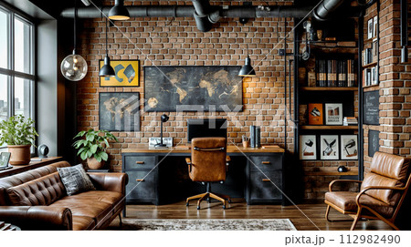 AI-generated content. Stylish industrial Home Office With Exposed Brick and Designer Furniture 112982490