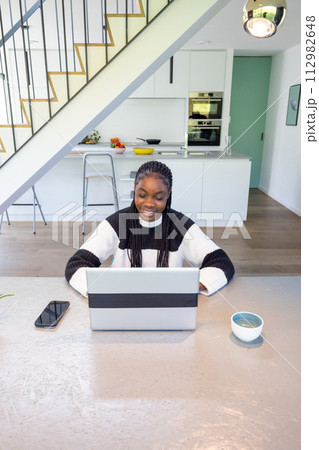 Cheerful Woman Working on Laptop in Modern Kitchen Interior 112982648