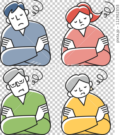 Upper body set of young men and women and senior men and women who are thinking with their arms crossed Upper body set of young men and women and senior men and women who are thinking with their arms crossed 112982858