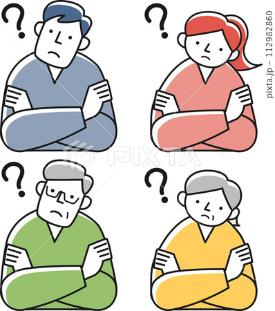 首をかしげる若い男女とシニア男女の上半身セット 首をかしげる若い男女とシニア男女の上半身セット 112982860