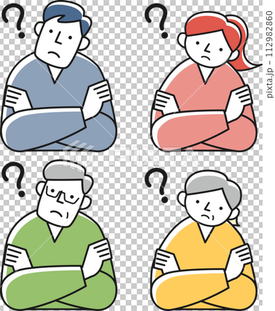 Upper body set of young men and women and senior men and women tilting their heads Upper body set of young men and women and senior men and women tilting their heads 112982860