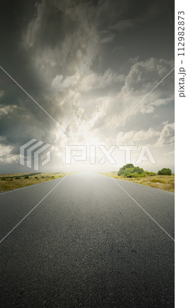 Asphalt road with green grass on the meadow field Asphalt road with green grass on the meadow field 112982873