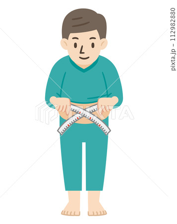 メジャーでウエストを測るメタボ男性のイラスト メジャーでウエストを測るメタボ男性のイラスト 112982880