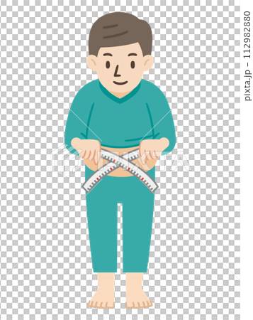メジャーでウエストを測るメタボ男性のイラスト メジャーでウエストを測るメタボ男性のイラスト 112982880